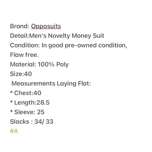 OppoSuits Mens Cash Money $100 Bill Novelty Suit Set Blazer Slacks Size 40 34x33